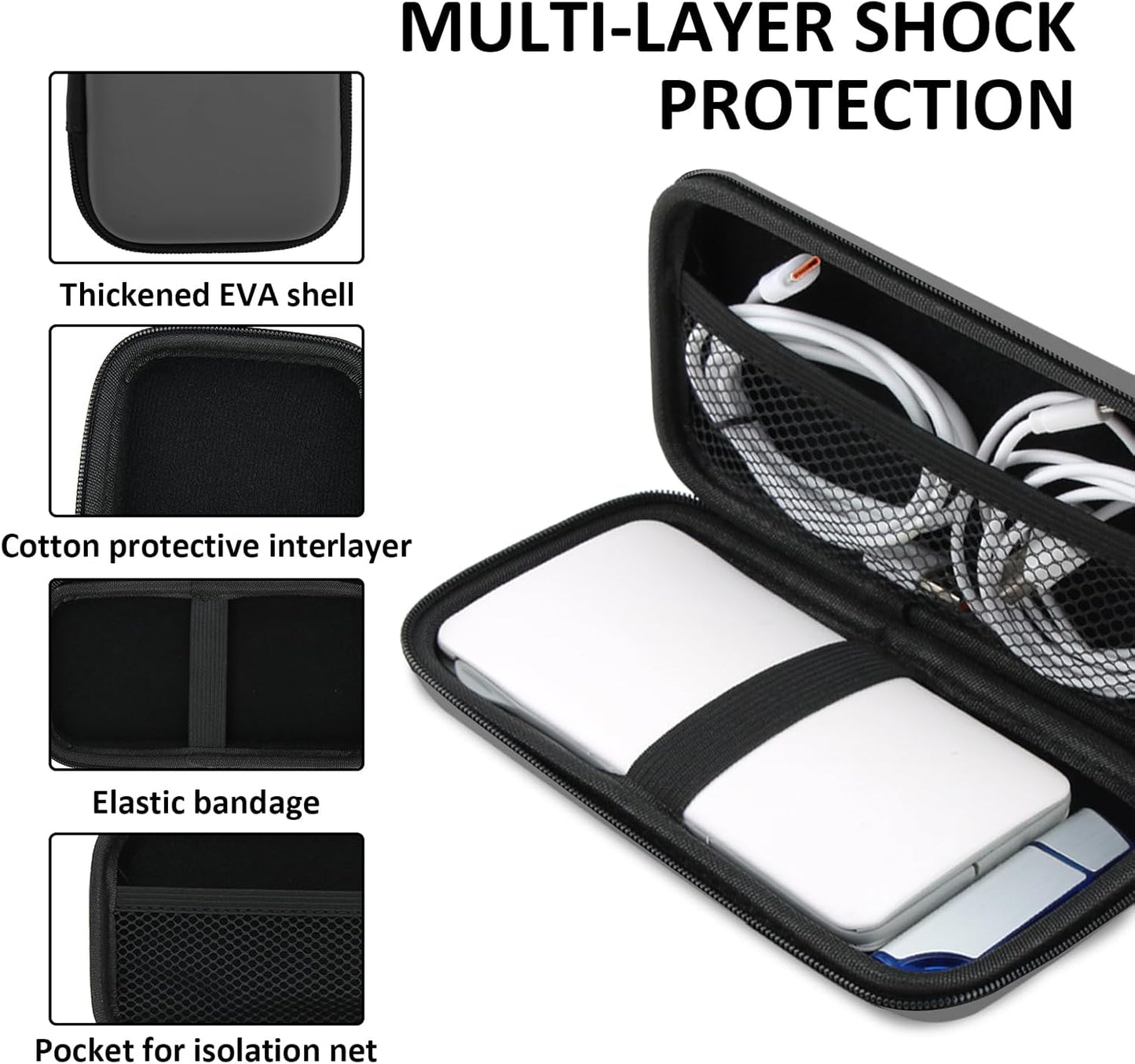 Power Bank Case Shockproof Carrying Case Travel Cable Organiser Hard Drive Case Travel Bags Organiser EVA Tech Pouch Multifunctional Cable Bag for Electronics Travelling Essentials Accessories (Grey)