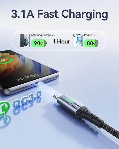 INIU USB C Charger Cable, [3 Pack 0.5+2+2m] USB A to USB C 3.1A Fast Charging, Braided Phone Charger Type C Cable for iPhone 17 16 15 Pro Max Samsung Galaxy S25 S24 S23 Switch PS5 Huawei Pixel 9a etc